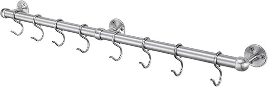 ROTHLEY Stainless Steel Hanging Pot Rack Hanger: 23.7 Inch Pot and Pan Hanger Wall Mounted Hanging Pot Bar Rack Heavy Duty Pot Hangers Kitchen Rail with 8 S Hooks (Brushed)
