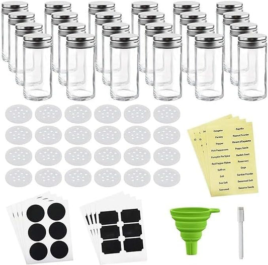 French Round Glass Spice Jars – Set of 24 with Shaker Lids and Chalkboard Sticker Labels, Small 4oz Bottles - Stackable Herbs and Spices Containers - Decorative Organizers in Silver