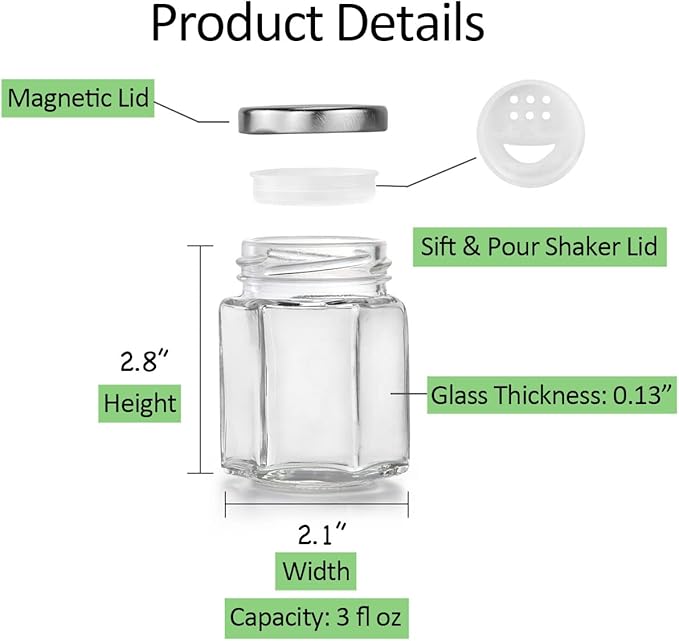 16-Pack Magnetic Hexagon Spice Jars with Upgraded Sealed Magnet Lids, Stainless Steel Wall-Plate, Inner Sifter Pour Insert, and 394 Labels - 3 oz Glass Jars for Kitchen, Pantry, RV (Patented Design)