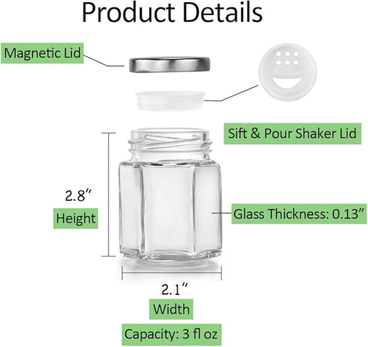 16-Pack Magnetic Hexagon Spice Jars with Upgraded Sealed Magnet Lids, Stainless Steel Wall-Plate, Inner Sifter Pour Insert, and 394 Labels - 3 oz Glass Jars for Kitchen, Pantry, RV (Patented Design)