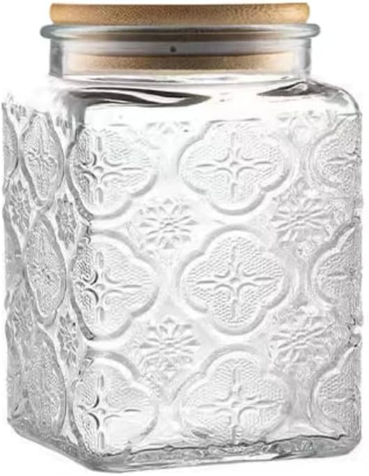 ANSQU 25.3 FL OZ Square Glass Jar, Glass Storage Canister with Airtight Lid, Glass Food Storage Containers for Candy, Coffee, Tea, Canning, Cute Jar (Square Begonia)