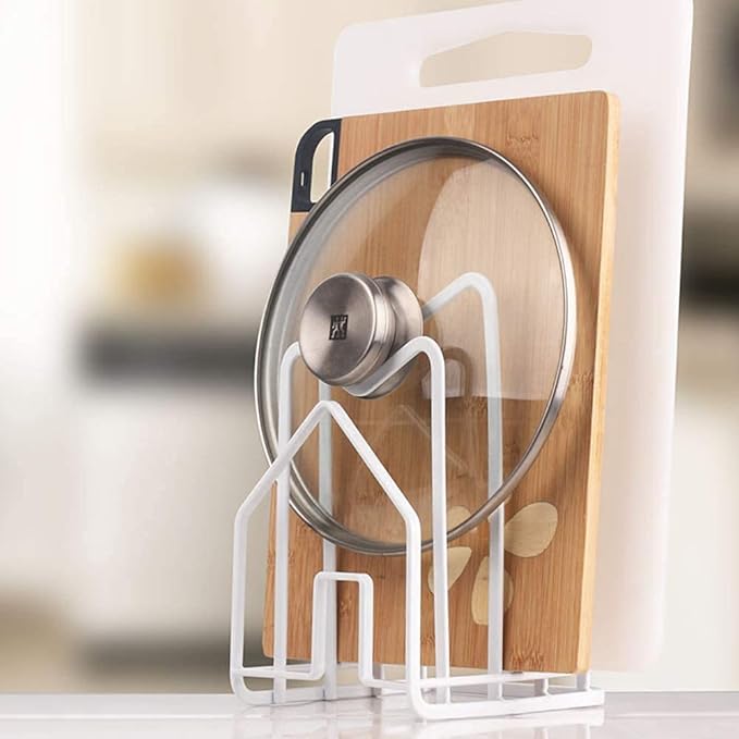 SUNFCON Cutting Board Rack Chopping Board Organizer Pot Pan Lids Holder Thin Bakeware Baking Tray Drying Display Stand Kitchen Countertop Cupboards Cabinet Office Sturdy Metal 4.92x5.7x8.47 in.White
