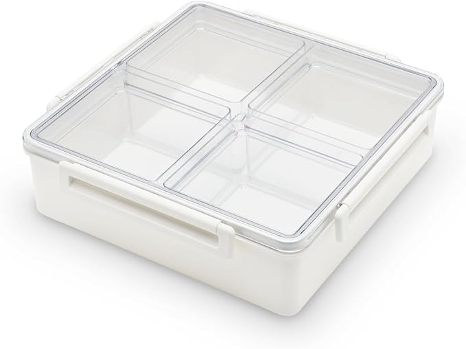 Gourmet Palette Airtight 4-Compartment Serving Tray with Lid – Portable Charcuterie Container, Snack Box, Removable Dividers, Snackle Platter for Fruit, Veggies, Appetizers, Square Design