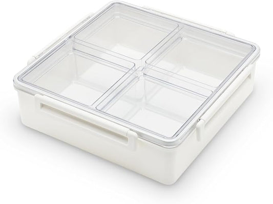 Gourmet Palette Airtight 4-Compartment Serving Tray with Lid – Portable Charcuterie Container, Snack Box, Removable Dividers, Snackle Platter for Fruit, Veggies, Appetizers, Square Design