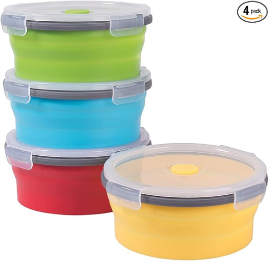 Collapsible Food Storage Containers with Airtight Lid, 27 oz, Kitchen Stacking Silicone Collapsible Meal Prep Container Set for Leftover, Microwave Freezer Dishwasher Safe, 4 Colors Round, Set of 4
