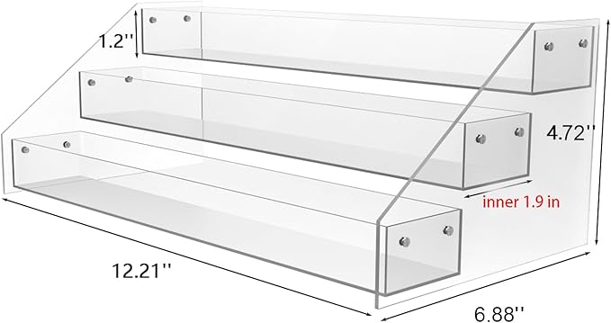 WUIVIUT Acrylic Tiered Spice Shelf Organizer, 3-Tier Transparent Countertop Spice Rack, 12.21 x 6.33 x 4.56 inches, Kitchen Pantry Storage