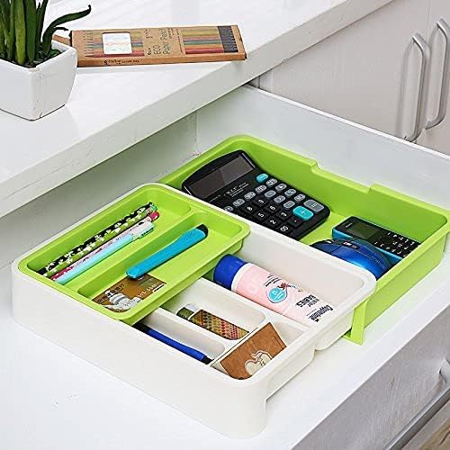 HornTide 3-in-1 Cutlery Tray Expandable Utensils Holder Plastic Kitchen Drawer Organizer for Silverware Storage and More - Green