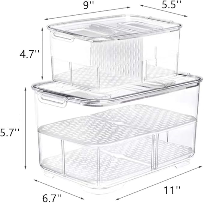 Fridge Food Storage Bin Containers Produce Saver, Stackable Freezer Bins Fresh Keeper Food Storage Containers for Fridge Freezer Cabinet Kitchen Organization, Set of 2