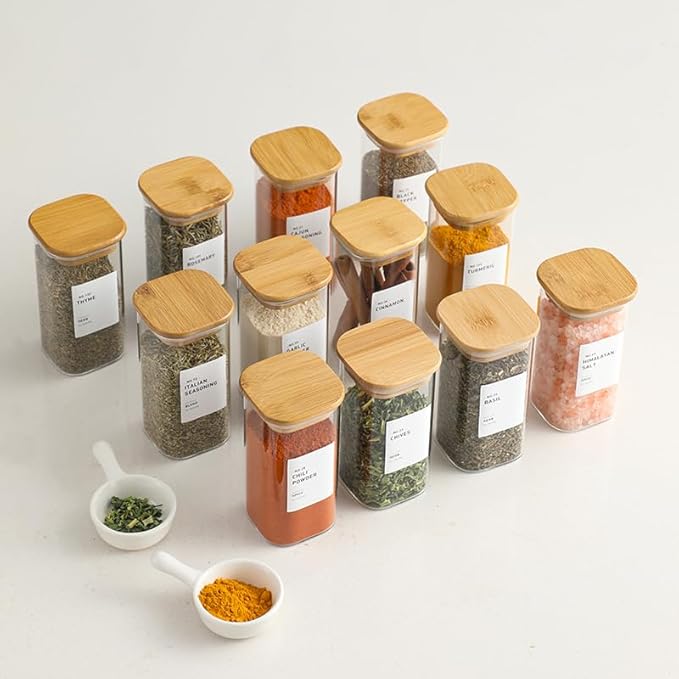 12Pcs Glass Spice Jars with Bamboo Airtight Lids, 10oz Spice Containers with 340 Preprinted Spice Labels of White and Black Color, Empty Seasoning Containers for Spice Salt Sugar Herb