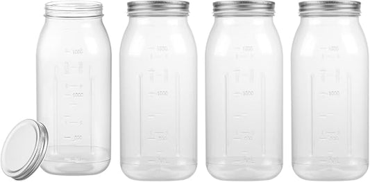 novelinks 4 Pack 64 OZ Plastic Wide Mouth Mason Jars with Airtight Lids - Wide Mouth Half Gallon Large Mason Jar 64 OZ Storage Canning Jar for Kitchen & Household Storage (Silver)