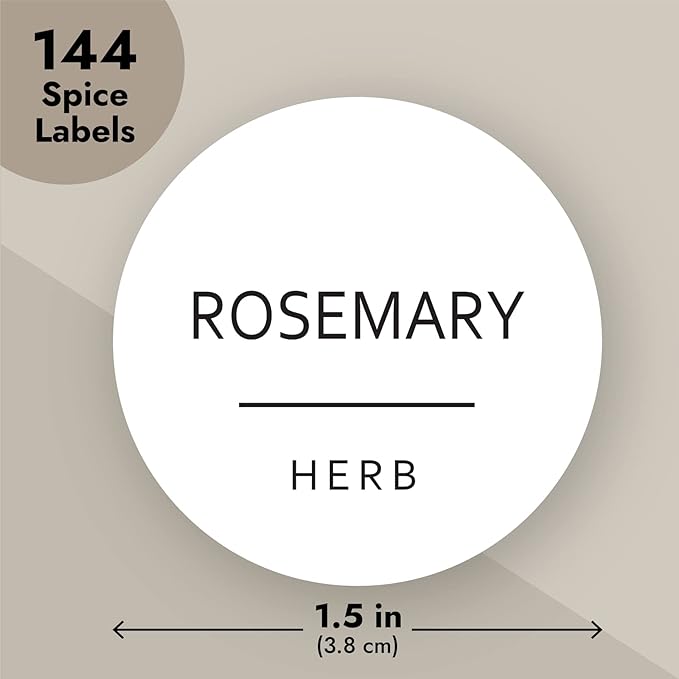 Talented Kitchen 144 Spice Labels Stickers, White Spice Jar Labels Preprinted for Spice Jar Lids, Seasoning Herbs Spice Rack Organization, Water Resistant, Black Minimalist (Round 1.5 in)