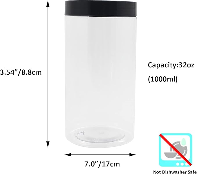 12 Pack 32 OZ Large Clear Plastic Storage Jars with Lids & Labels,A Pen - Wide Opening Durable Round Containers - PET Container for Pantry, Home & Kitchen Storage