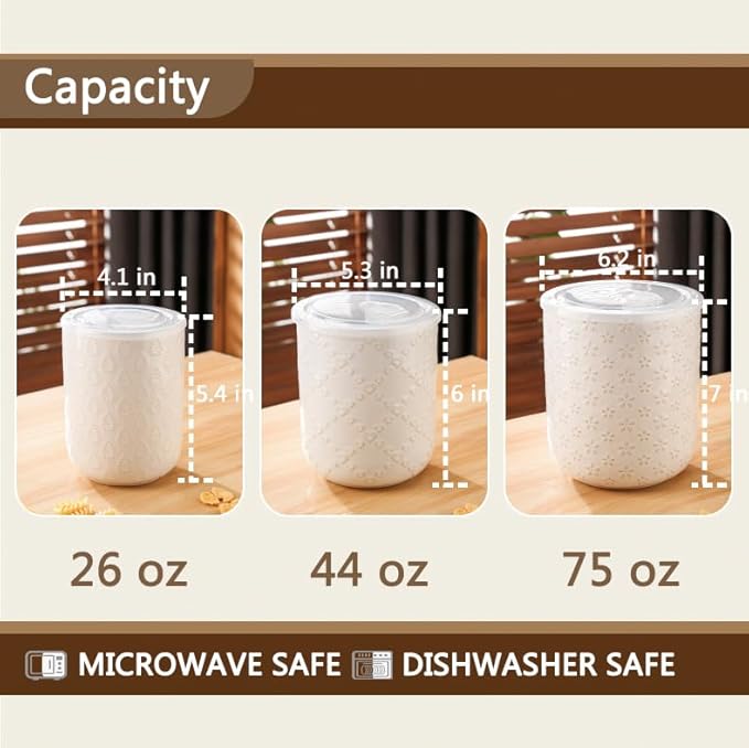 Bosmarlin Canisters Sets for the Kitchen, Ceramic Canisters with Airtight Lids for Countertop, Storage Containers for Sugar, Coffee Bean, Flour, Dishwasher Safe (White, 26/44/75 Oz)