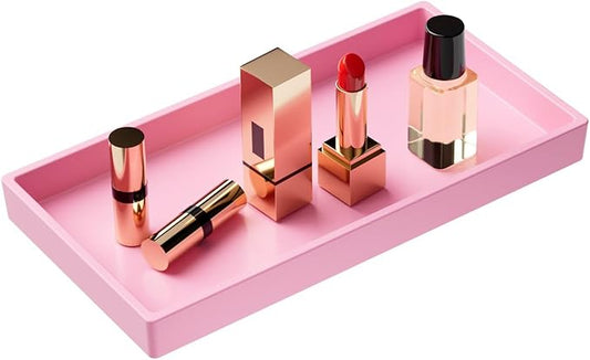 Vanity and Bathroom Tray, 7.7" ABS Countertop Organizer,Waterproof Vanity Tray for Toilet Tank,Perfume,Soap,Keys,Bathroom Accessories,Kitchen and Bath Trays,Non Slip Small Trays,Pink
