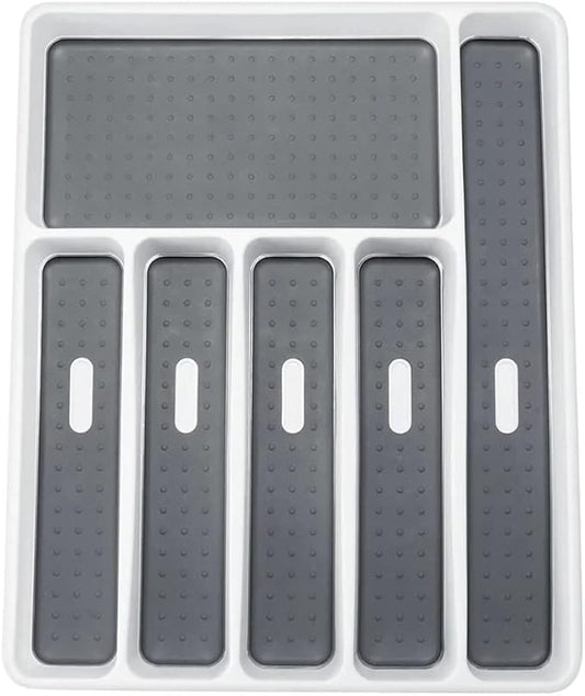 Large Silverware Tray - White, Kitchen Cutlery Tray Drawer Organizers 6-Compartments| Kitchen Drawer Organizer | Soft-Grip Lining and Non-Slip Rubber Feet | BPA-Free