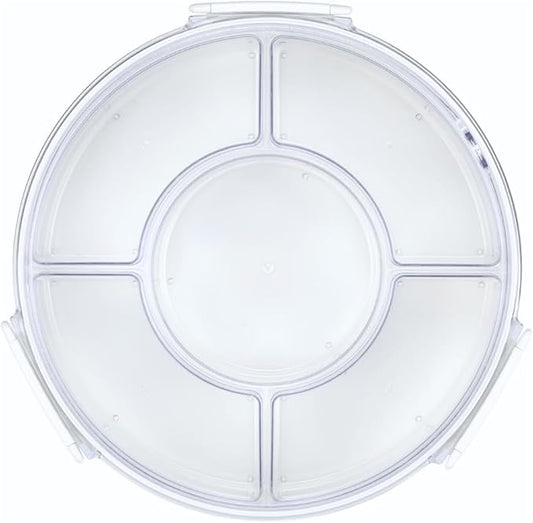 Gourmet Palette Airtight 5-Compartment Round Serving Tray with Lid, Portable Snackle Platter, Charcuterie Organizer Box, Removable Dividers for Fruit, Veggies, Snacks, Appetizers and More