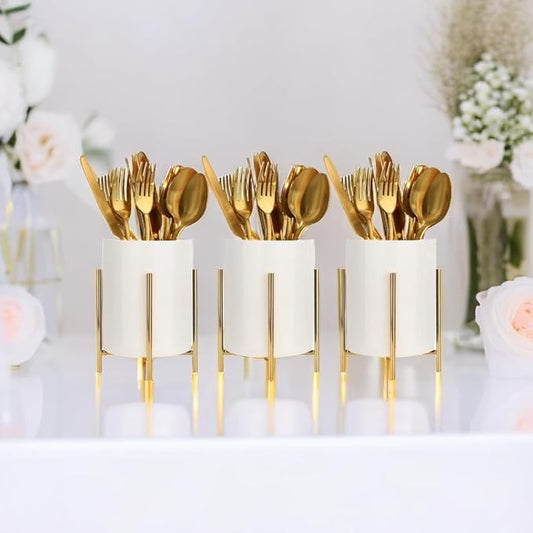 Kitchen Utensil Holder,White Ceramic Silverware Caddy With Golden Metal Frame Chic & Modern Kitchen Cooking