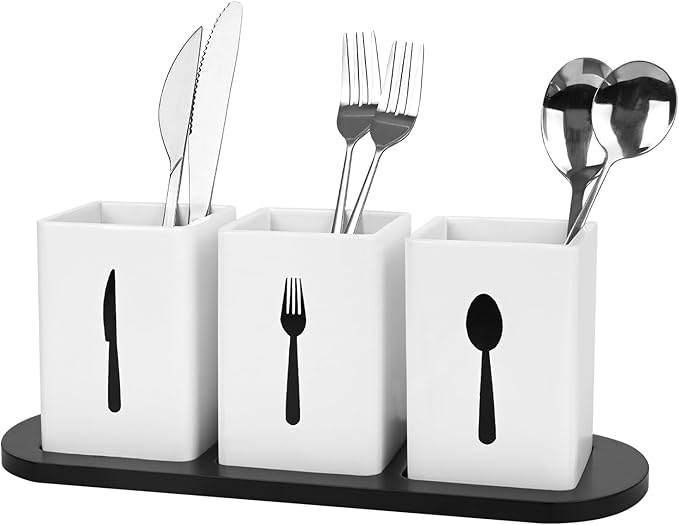 GEHE 3Pcs Silverware Caddy Utensil Holder for Countertop, Utensil Caddy for Parties, Flatware Organizers with Tray, Silverware Caddy Organizer Holder for Forks, Spoons, Knives, White