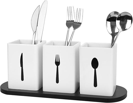 GEHE 3Pcs Silverware Caddy Utensil Holder for Countertop, Utensil Caddy for Parties, Flatware Organizers with Tray, Silverware Caddy Organizer Holder for Forks, Spoons, Knives, White