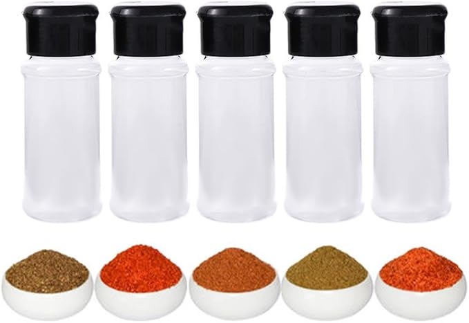 5 Pcs Plastic Spice Jars/Bottles, 3.5 Oz Spice Containers BPA free with Black Cap, Perfect for Storing Spice, Herbs and Powders