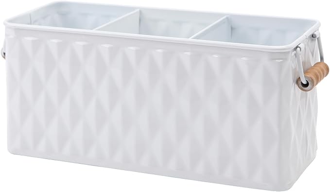 NIKKY HOME Farmhouse White Silverware Organizer with 3 Compartments Cutlery Caddy Kitchen Countertop Flatware Holder for Utensil, Spoons, Knives, Forks, Rhombic Embossed Pattern