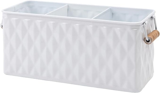 NIKKY HOME Farmhouse White Silverware Organizer with 3 Compartments Cutlery Caddy Kitchen Countertop Flatware Holder for Utensil, Spoons, Knives, Forks, Rhombic Embossed Pattern