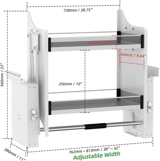 2-Tier Pull-Down Shelf, Cabinet Organizer Drop Down Sliding Shelf Space Saving Kitchen Organizer Spice Rack, 30-32 Inch Width, White
