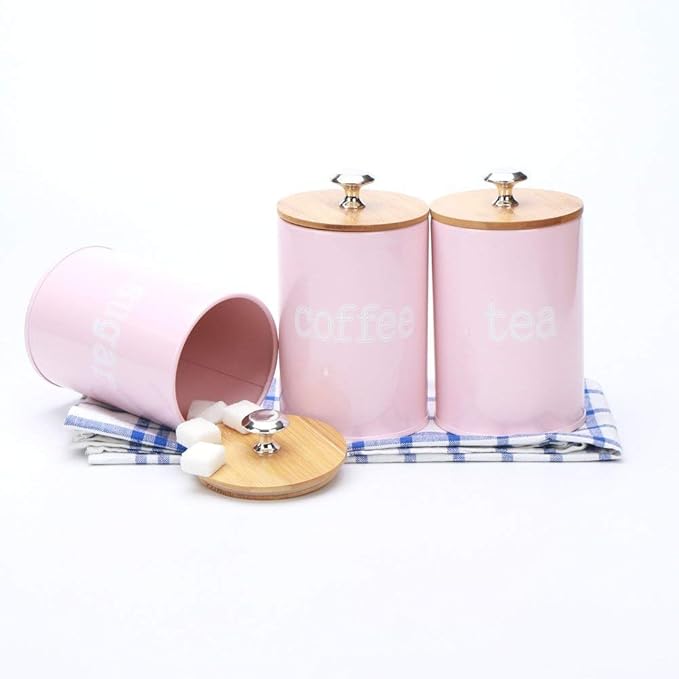 X022S Set of 3 Metal Food Storage Tin Canister/Jar with Bamboo Lid (matte pink)