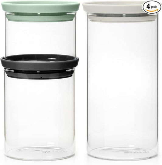 Brabantia 3pc Stackable Glass Food Jars (Mixed Colors) 0.08 + 0.16 + 0.3 Gal Heat-Safe, Dishwasher-Safe, Air-Tight Pantry Organizers