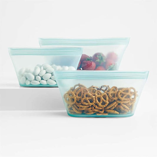Zip Top Reusable Food Storage Bags | 4 Piece Cup/Dish Set [Teal] - Medium, Large | Silicone Meal Prep Container | Microwave, Dishwasher and Freezer Safe | Made in the USA