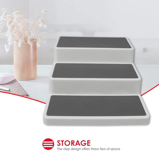Home Basics 3 Tier Plastic Seasoning Rack with Rubber Lined Shelves, White Multi-Purpose Step Style Spice Organizer for Cabinets, Countertops and Pantries