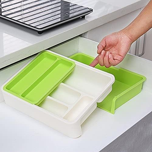 HornTide 3-in-1 Cutlery Tray Expandable Utensils Holder Plastic Kitchen Drawer Organizer for Silverware Storage and More - Green