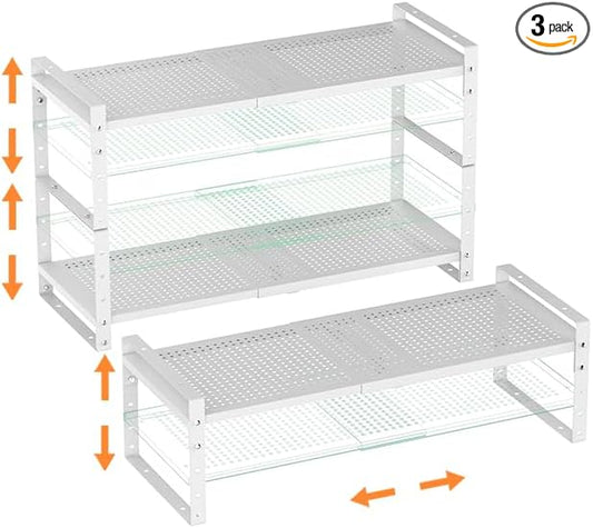 Cabinet Organizer Shelf,Expandable Adjustable Stackable Kitchen Organizer,Metal Shelf risers for cabinets, Kitchens and desks(3Packs/White/Medium)