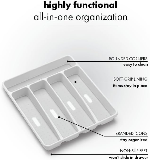 madesmart Classic Small Silverware Tray - White | CLASSIC COLLECTION | 5-Compartments | Icons help sort Flatware, Utensils and Cutlery | Soft-grip Lining and Non-slip Feet | BPA-Free