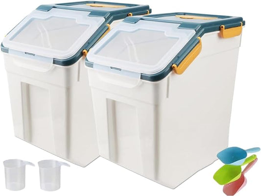 YXQ 50LB Large Flour Storage Container Bin,2 Pack Airtight Plastic with Wheels Seal Locking Lid Dispenser Organizer Bin with Measuring Cup & Scoop for Flour, Rice, Grain 100LBS Total Capacity(Blue)
