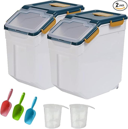 YXQ 25LB Large Flour Storage Container Bin ,2 Pack Airtight Plastic with Wheels Seal Locking Lid Dispenser Organizer Storage Bin with Measuring Cup & Scoop for Flour, Rice, Grain 50LBS Total