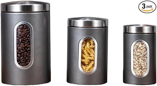 Transparent Silver Gray Canisters Sets of 3 Pieces For The Kitchen,0.9/1.6/2.9 Quarts Stainless Steel Coffee Sugar Tea Candy Storage Jars with Window for Home Kitchen Decoration and Accessories