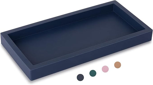 Small Silicone Bathroom Vanity Tray Rectangle Soap and Sponge Holder Kitchen Sink Organizer for Scrubber, Lotion Bottles, Perfume, Jewelry, Candle, Key Trinket Ring, Dark Blue
