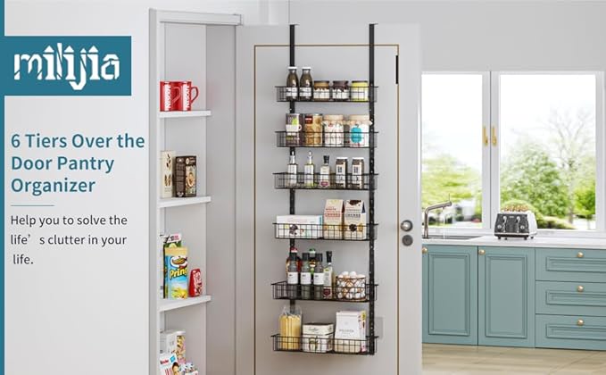 6-Tier Pantry Door Organizer, Heavy-Duty Metal Hanging Spice Racks with 6 Adjustable Baskets for Storing Cans, Spice, Plastic Wraps, Garbage Bags, etc