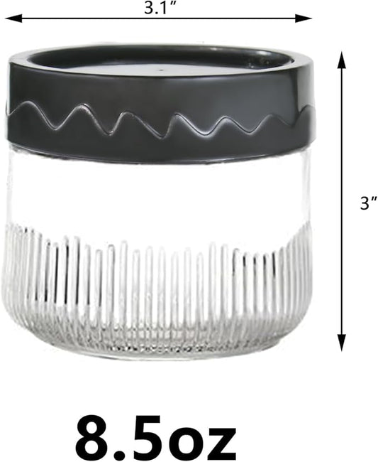 8.5oz Glass Jars with Lids Small Wide Mouth Jar Glass Black Snack Canister for Snack Pudding Yogurt Overnight Oats, 6pack