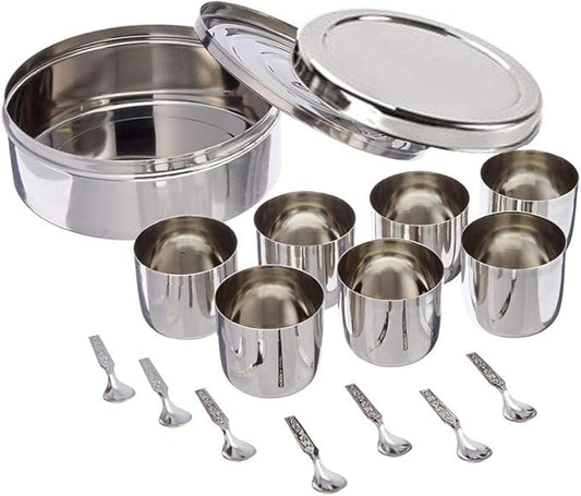 Stainless Steel Spice Box with 7 Spice Containers and 7 Spoon and Double Lid, Size No. 12