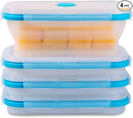 Collapsible Food Storage Containers with Airtight Lid & Vent, 27oz, Kitchen Stacking Silicone Collapsible Meal Prep Container Set for Leftover, Microwave Freezer Dishwasher Safe, Translucent, Set of 4
