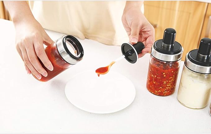 TENTA Kitchen 3 High Borosilicate Glass Spice Jars Seasonning Box Jar Condiment Jar, Combination Spoon and Lid Design, Premium Commercial Grade, Empty Jars 8.45 oz, Airtight Cap.