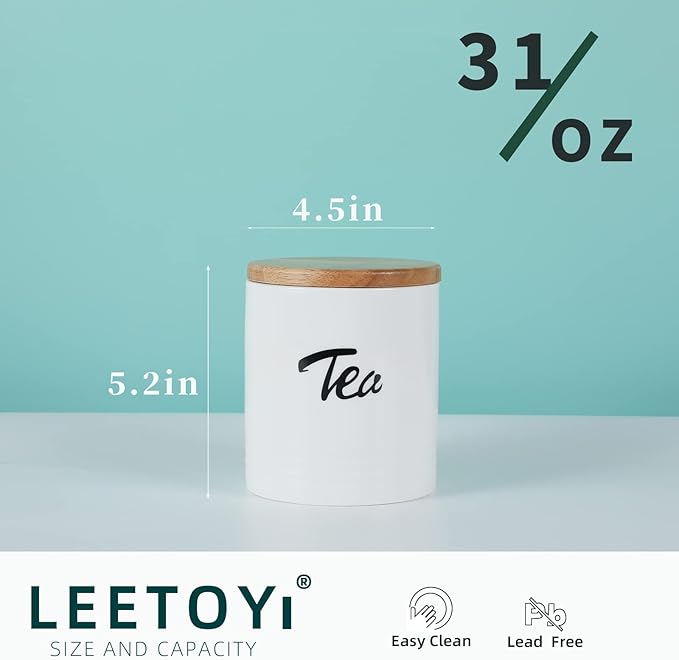LEETOYI Porcelain Food Storage Containers with Lid, 4.5 Inch 31oz White, Labeled Tea