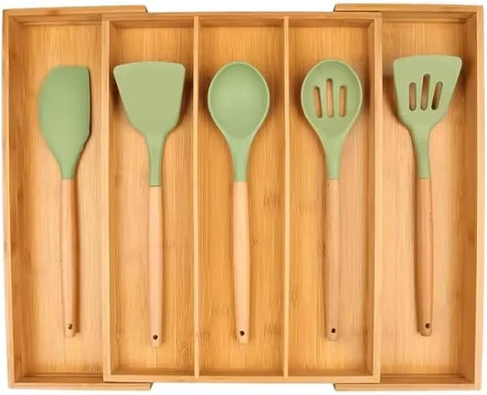 Bamboo Cutlery Drawer Organizer for Kitchen Utensils - Expandable Utensile Organzier with Drawer Dividers for Flatware, Silverware Knives in Kitchen, Bedroom, Living Room (5 Slots)