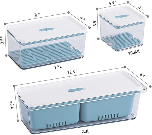 Lille Home Stackable Produce Saver, Organizer Bins/Storage Containers with Removable Drain Tray, Set of Three, for Refrigerators, Cabinets, Countertops and Pantry, BPA Free (Blue,Set of Three)