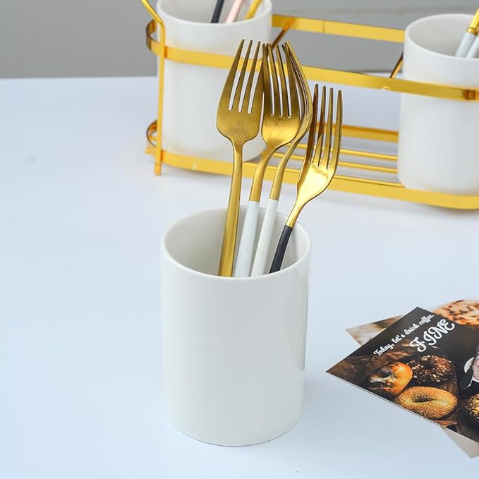 3-Piece White Ceramic Silverware Caddy with Black Metal Rack, Utensil Holder Flatware Caddy Cutlery Storage Organizer for Kitchen Table (White+Gold A)