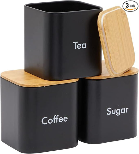 Juvale Coffee Tea Sugar Container Set - Black Iron Kitchen Canister Set with Bamboo Lids (3 Pieces, 48 oz)