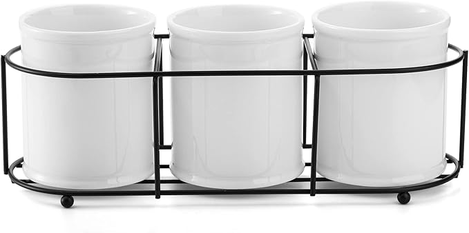 Bekith 3-Piece Ceramic Silverware Caddy with Metal Rack, Utensil Holder Flatware Caddy Cutlery Storage Organizer for Kitchen Table, Cabinet or Pantry
