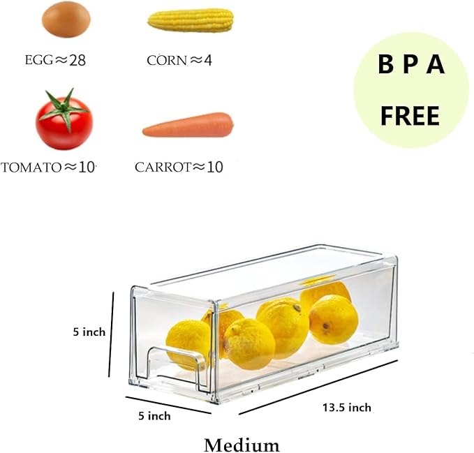 MANO 2 Pack Stackable Refrigerator Drawers Pull Out Bins Clear Fridge Drawer Organizer Food Storage Containers Plastic Veggie Fruit Produce Saver for Pantry Kitchen Freezer(M)